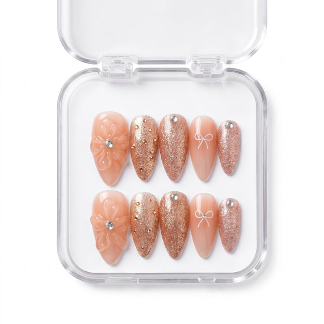 Champagne Romance 3D Floral Luxury Press-On Nails S005