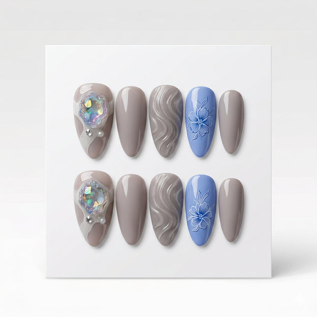Ethereal Blossom & Opal Geode Press-On Nails S006