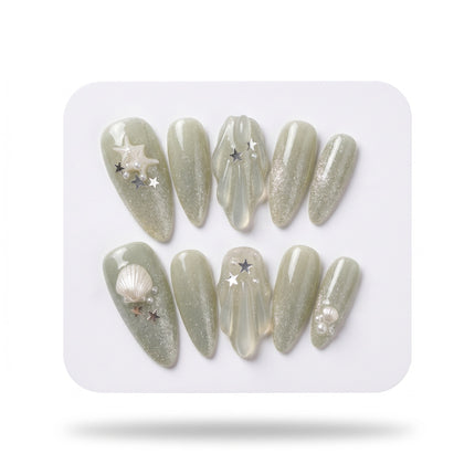 Mermaid Aura – Sage Shimmer 3D Press-On Nails S008