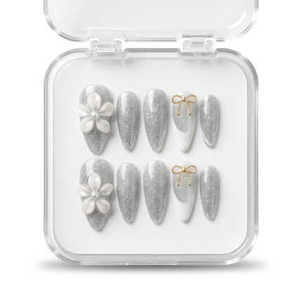 Silver Blossom & Bow Luxury Press-On Nails S012