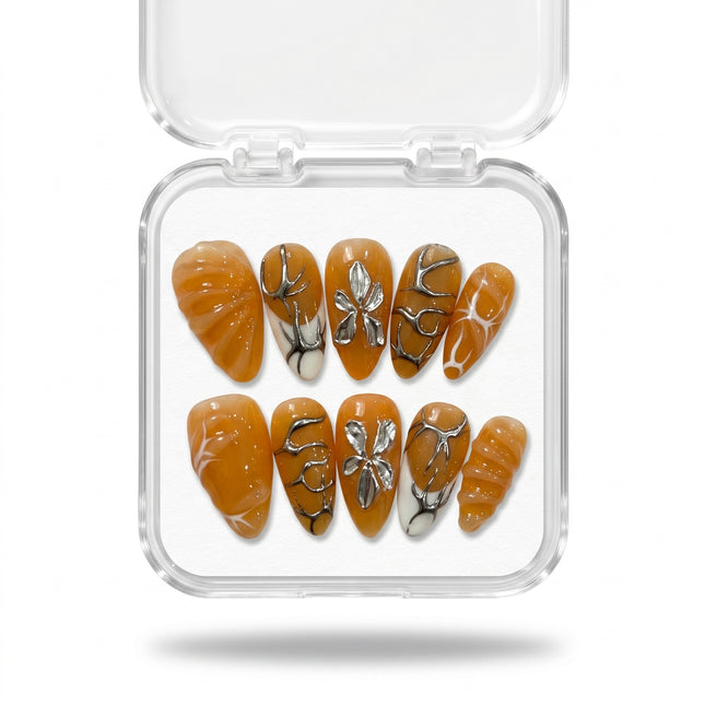Honey Glaze & Chrome Floral Luxury Press-On Nails S019