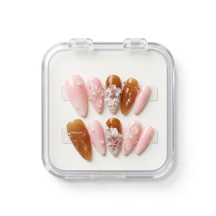 Rosy Amber Seashell 3D Floral Press-On Nails S044