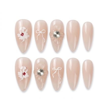 Sheer Nude & White Bow Coquette Press-On Nails S064