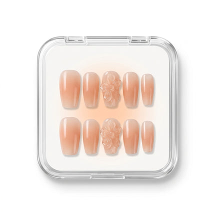 Peach Aura & 3D Blossom Handmade Press-On Nails S081