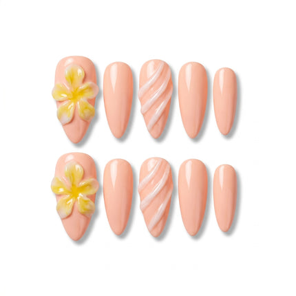Tropical Plumeria & 3D Swirl Press-On Nails S082