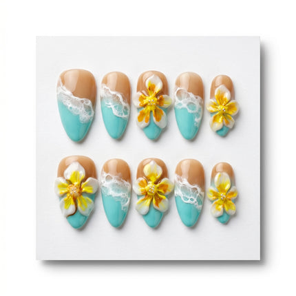Ocean Foam & Tropical Plumeria Luxury Gel Nails S083