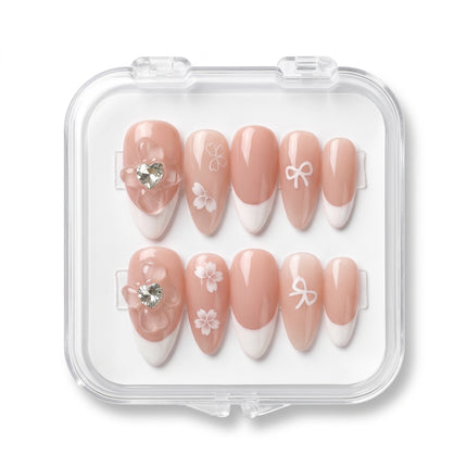Coquette French Tip & 3D Crystal Heart Press-On Nails S084