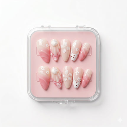 Siren Blossom & 3D Seashell Press-On Nails S085