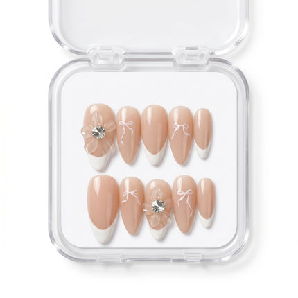 Crystal Flora & Bow Nude Almond Nails S087