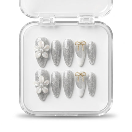 Silver Blossom & Bow Luxury Press-On Nails S012