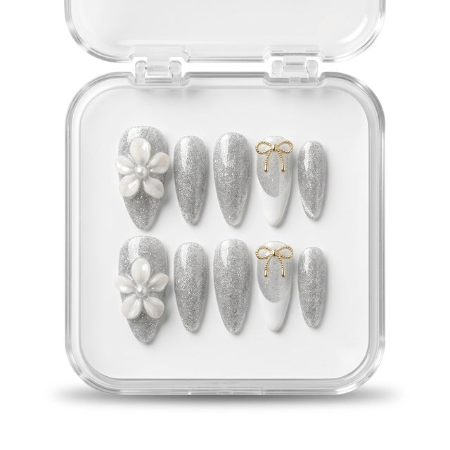 Silver Blossom & Bow Luxury Press-On Nails S012
