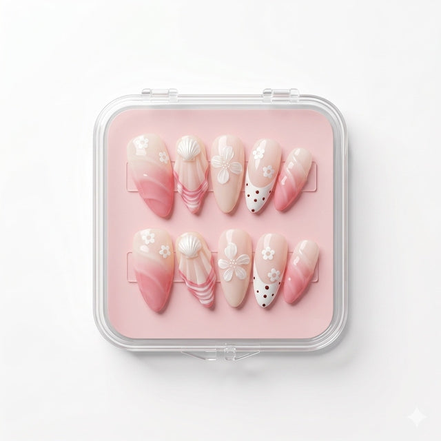 Siren Blossom & 3D Seashell Press-On Nails S085
