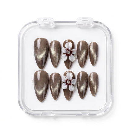Velvet Mocha & 3D Blossom Press-On Nails S046