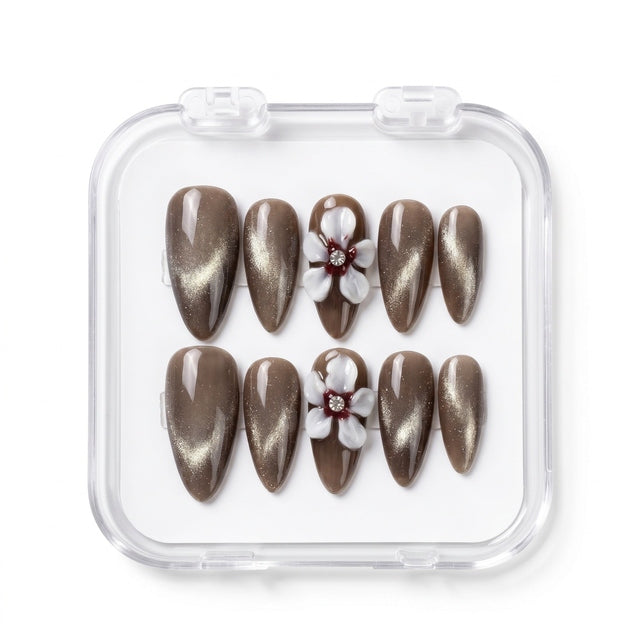 Velvet Mocha & 3D Blossom Press-On Nails S046